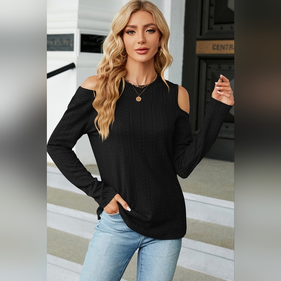 Women's Black Round Neck Cold Shoulder T-Shirt Top - Picture 1 of 4